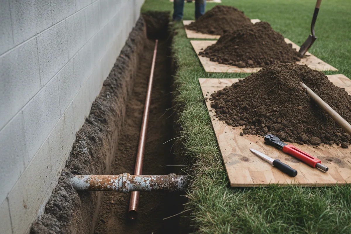 Excavated water line trench during Water Softener Installation in Centerville
